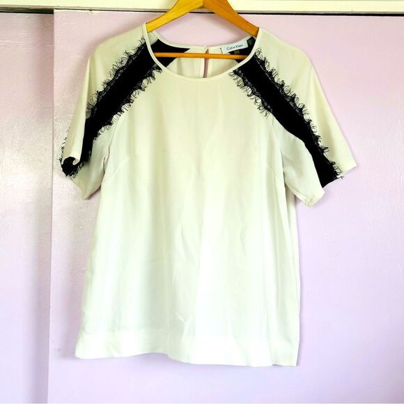 Calvin Klein Women’s Shoulder Lace Top Sz L Cream/Black - Picture 1 of 5